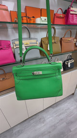 Hermes Kelly Ghillies 32 Bamboo Togo Swift Leather Palladium Hardware Handbag