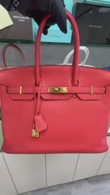Hermes Birkin 35cm Rouge Pivoine Clemence Leather Gold Hardware Handbag