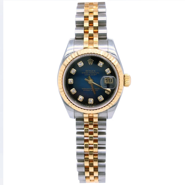 Rolex Lady-Datejust 26 179173 Blue Diamond Fluted 18K Yellow Gold Jubilee Watch