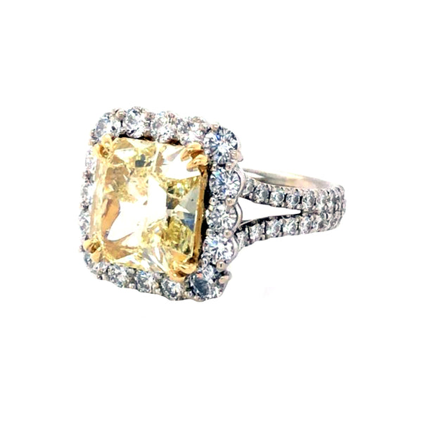 GIA Certified 6.54 Carat Fancy Light Yellow Cushion Cut 18K Gold Diamond Ring