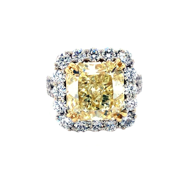 GIA Certified 6.54 Carat Fancy Light Yellow Cushion Cut 18K Gold Diamond Ring