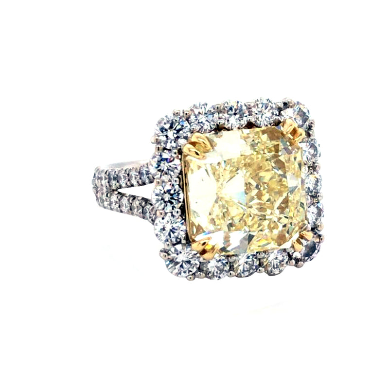 GIA Certified 6.54 Carat Fancy Light Yellow Cushion Cut 18K Gold Diamond Ring