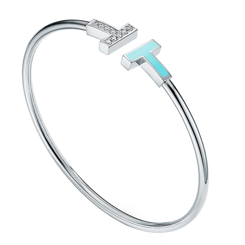 Tiffany & Co T Diamond & Turquoise Wire Bracelet 18k White Gold Round Diamonds