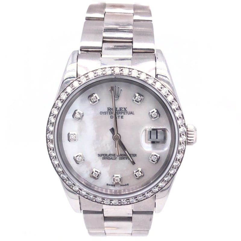 Rolex Oyster Perpetual Date 34MM Mother of Pearl Diamond Dial Bezel Watch 15200