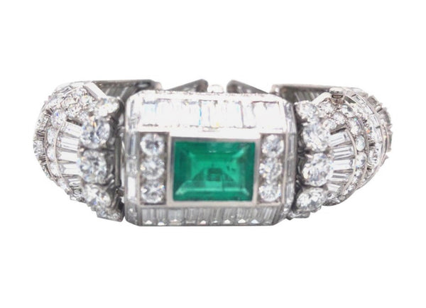 Diamond and 12ct Colombian Emeralds French Platinum Deco Bracelet Rubell Frers