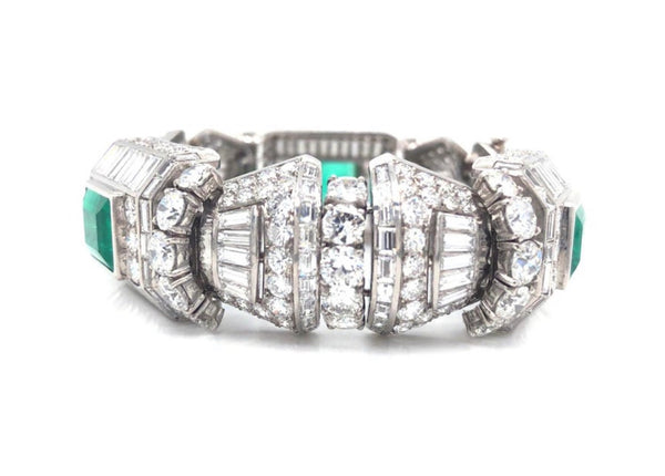 Diamond and 12ct Colombian Emeralds French Platinum Deco Bracelet Rubell Frers