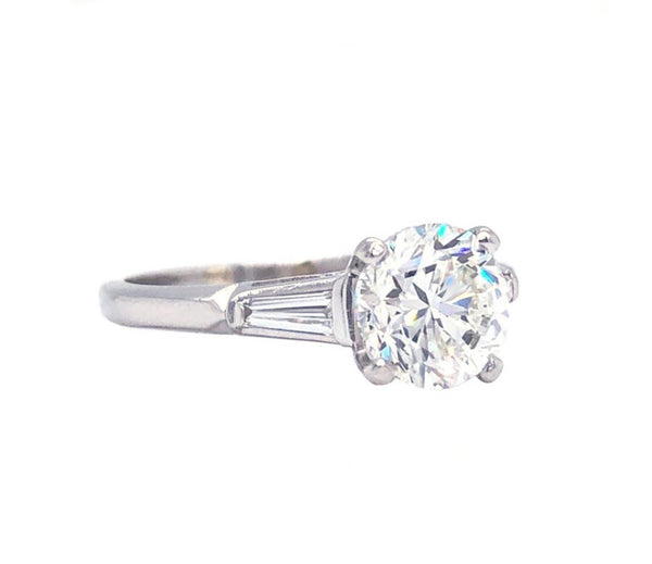 GIA Certified 2.00 Carat Round Tapered Buguette Diamond Platinum Ring