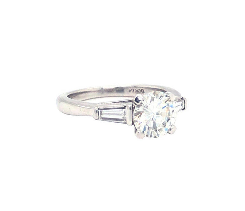 1.03 Carat Center Round Diamond with 0.35 ctw Baguette-Cut Diamond Platinum Ring