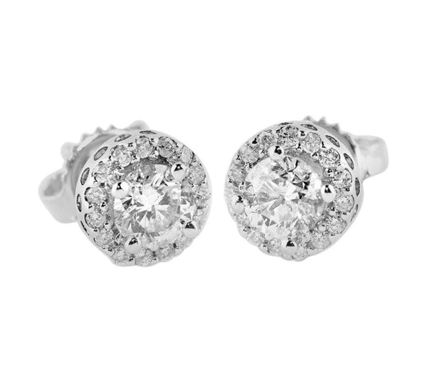 4-Prong Setting Pave Diamond Round Stud Earring Pair 14K Gold 1.01 Carat 'G-H'