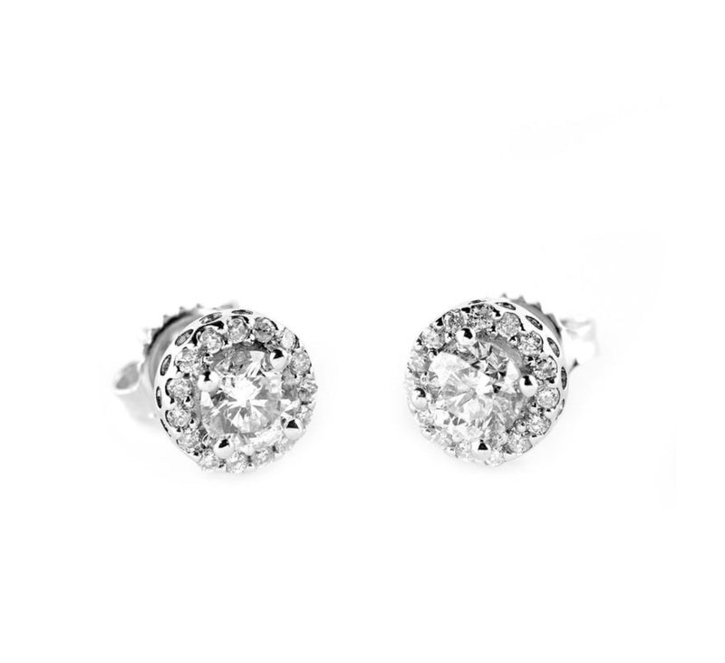 4-Prong Setting Pave Diamond Round Stud Earring Pair 14K Gold 1.01 Carat 'G-H'