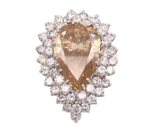 Fancy Yellow Brownish Pear Shape Diamond Ring With Double Halo in  Platinum