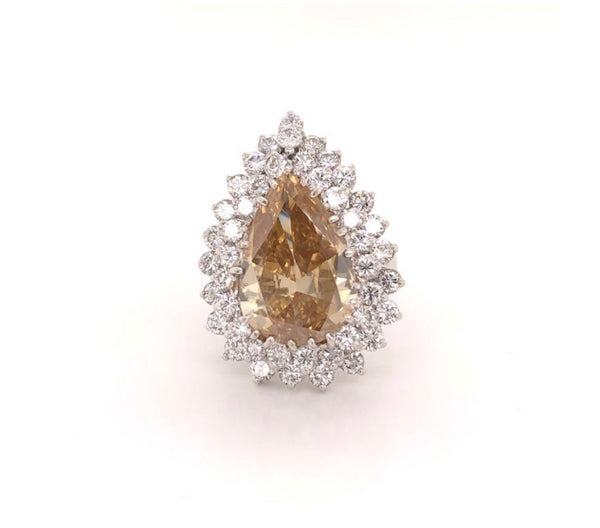 Fancy Yellow Brownish Pear Shape Diamond Ring With Double Halo in  Platinum