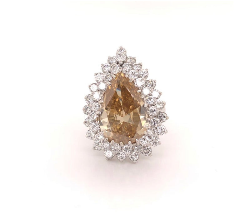 Fancy Yellow Brownish Pear Shape Diamond Ring With Double Halo in  Platinum