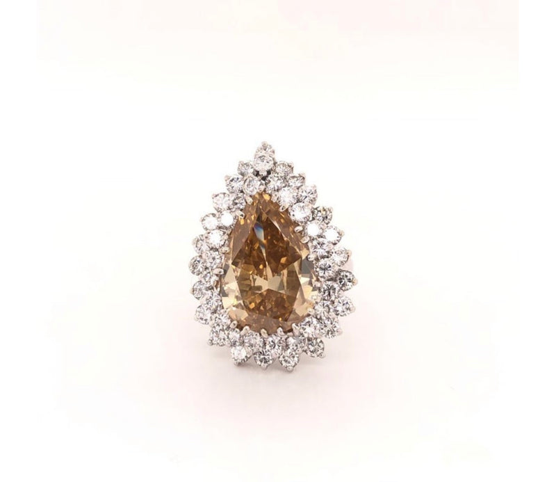Fancy Yellow Brownish Pear Shape Diamond Ring With Double Halo in  Platinum