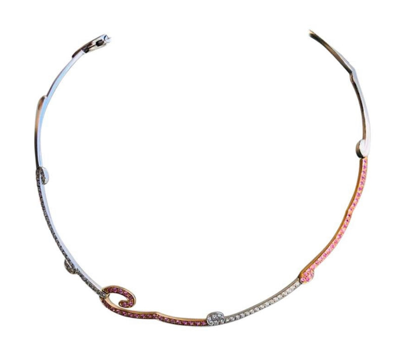 Diamonds and Pink Sapphires Necklace including Circular Designs 18K Gold Choker