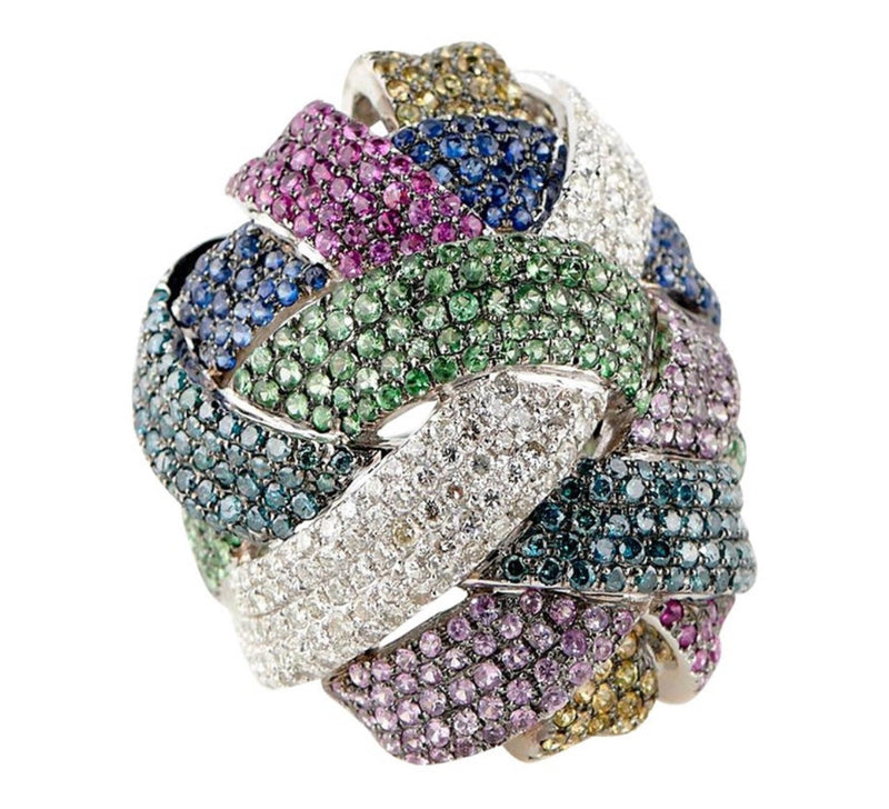Diamond Sapphire Ruby Cocktail Ring Precious Stones 18 Karat Gold 24.5g